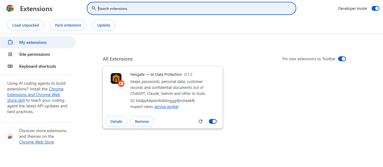 Chrome extensions page with Developer mode on, the Load unpacked button and Nesgate installed