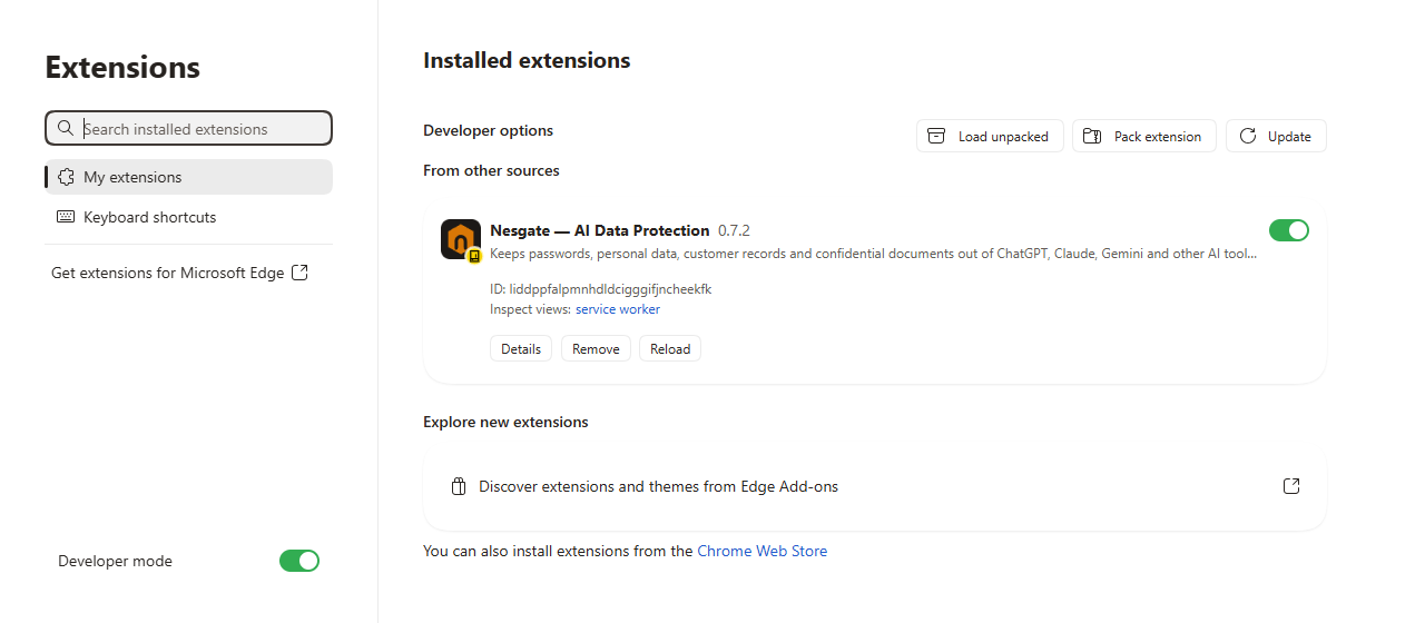 Edge extensions page with Developer mode on, the Load unpacked button and Nesgate installed